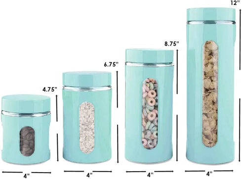 Kitchen Canisters Set for Countertop by Home Basics, Retro-Styled Stainless Steel and Glass, 4 Pieces (Turquoise)