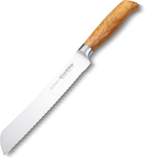 WICKWILLOW 8 Inch 14C28N Bread Knife Steel with Italian Olive Wood Handle Double Serrated Knife for Sourdough