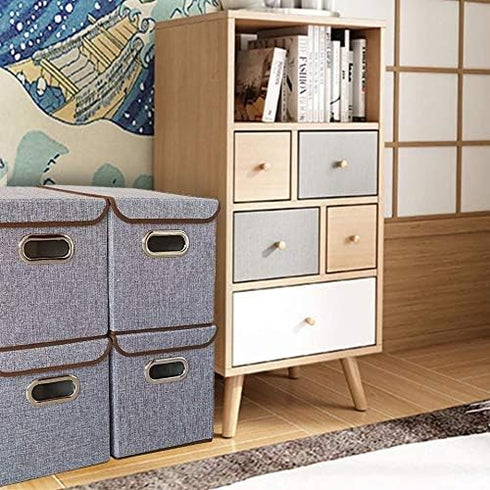 Storage Bin Set of 4, Linen Fabric Foldable Containers with Lid, Collapsible Organizer Boxes