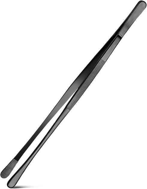 Black Stainless Steel Kitchen Tweezers, Round Tip Tweezer Tongs for Cooking with Multi-Function Precision Serrated Tips
