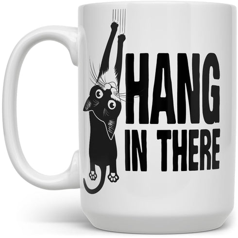 Hang in There Coffee Mug, Funny Motivational Cat Gift Cup for Friend, Coworker, Women, Men (15oz)