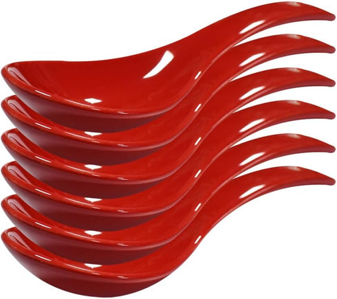 6 pcs Red Round-Bottom Soup Spoons - Asian Porcelain Ceramic Rice Spoons for Home Kitchen and Restaurant