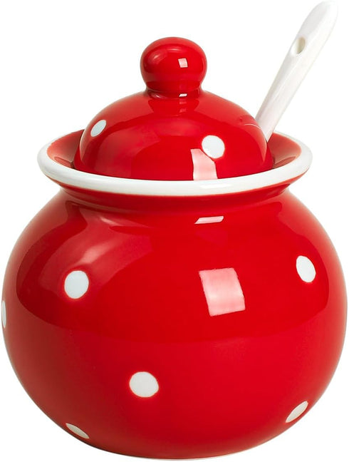 123Arts Ceramics Dot Sugar Salt Pepper Storage Jar - Seasoning Pot with Lid and Spoon