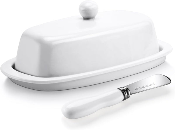 Yedio Ceramic Butter Dish with Lid and Knife, 8 Inch White Butter Holder for Countertop Refrigerator