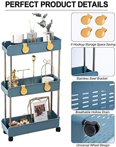 3-Tier Melody House Slim Mobile Shelving Unit on Wheels, Slide Out Rolling Bathroom Storage Organizer, Utility Carts