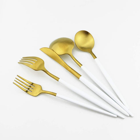 White Gold Flatware Set, 5 Piece Matte White Handle 18/10 Stainless Steel Tableware for 1, Camping Utensils