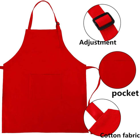 Kids Apron and Chef Hat Set, Adjustable Cotton Bib Aprons with Large Pocket, Red