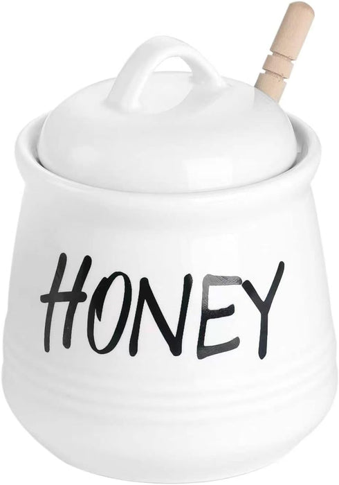 HAOTOP Porcelain Small Honey Jar with Lid and Honey Dipper, 12oz (White)