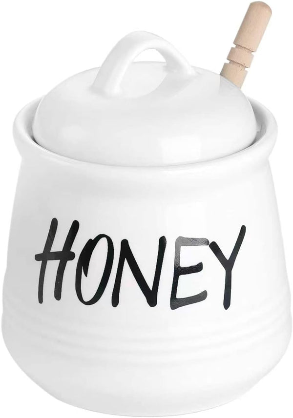 HAOTOP Porcelain Small Honey Jar with Lid and Honey Dipper, 12oz (White)