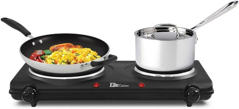 Elite Gourmet EDB-302BF# Electric Hot Plate, Countertop Double Cast Iron Burner, 1500 Watts, Black