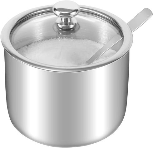 Stainless Steel Sugar Bowl with Clear Lid and Spoon, Polished Shiny Condiment Pot for Serving Sugar, Pepper, Salt,
