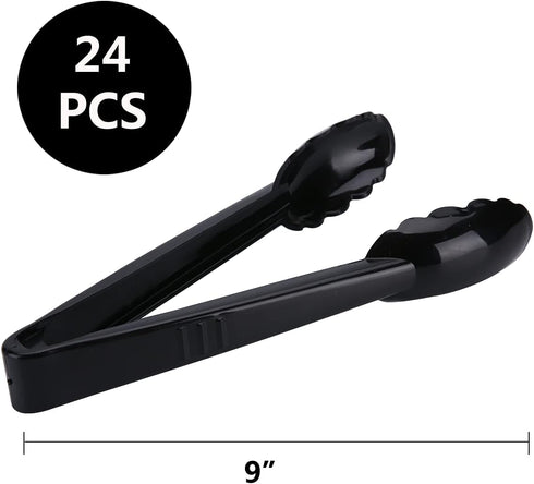 24 Pieces Black Plastic Salad Tongs, 9 Inch Heavy Duty Scalloped Kitchen Serving Utensils Set for BBQ and Buffets