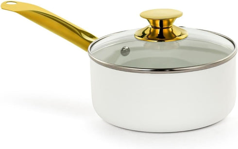 Holstein Housewares 2.5QT White Ceramic Nonstick Saucepan with Lid, Gold Color & Stainless Steel Handle