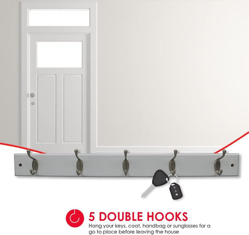 Home Basics Durable 5-Double-Hooks Wall Mounted Hanging Rack (White) for Entry Way or Garage