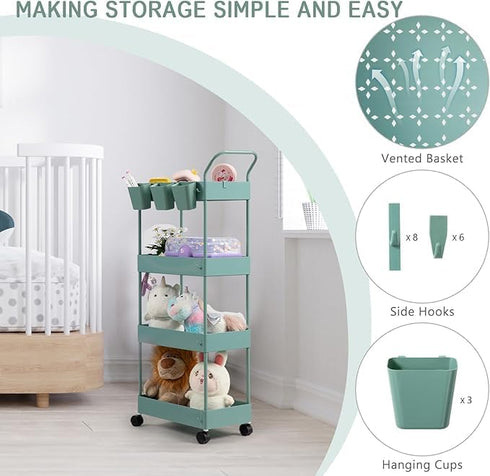 4 danpinera Slim Storage Cart on Wheels, Tier Narrow Laundry Cart with Hooks Hanging Cups Dividers Mobile Rolling Lash