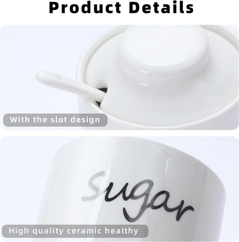 ONTUBE Ceramic Small Sugar Bowl with Lid and Spoon, Porcelain Sugar Pot, 8oz (White)