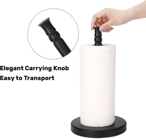 Black Paper Towel Holder Stand with Heavy Weighted Stainless Steel Base, Free Standing Holder, Matte Black