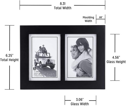 Malden 673-35SD Double 3.5x5 Picture Frame, Wide Real Wood Molding, Black