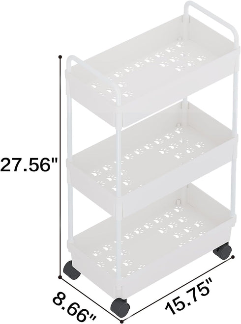 Rolling Storage Cart | 3 Tier Organizer Mobile Shelving Unit with Wheels for Kitchen, Bathroom, Laundry, White