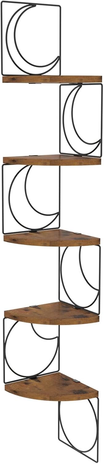 PHAREGE 5 Tier Moon Phase Corner Shelves Brown Black, Rustic Storage Shelves