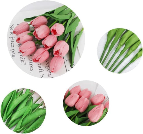 Artificial PU Tulips 10Pcs - Real Touch Fake Flower Arrangement Bouquets for Home Office Wedding Decoration (Pink)