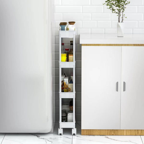 Sooyee 4 Tier Slim Storage Cart, Mobile Shelving Unit Organizer for Kitchen, Bathroom, Laundry, White Plastic & Steel