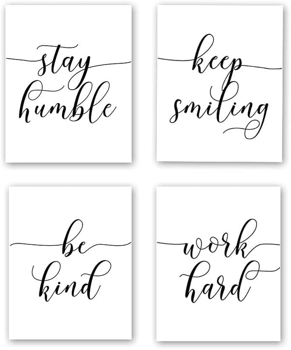HPNIUB Unframed Inspirational Quote Art Print Set of 4 (8”X10”), Work Hard, Be Kind, Stay Humble, Keep Smiling