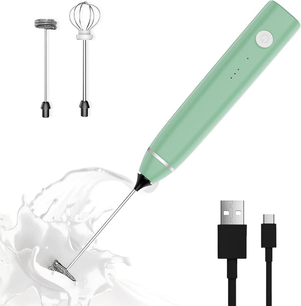 Rechargeable Handheld Electric Milk Frother Mixer with 2 Stainless Whisks, 3 Speed Adjustable Foam Maker (Avocado Green)
