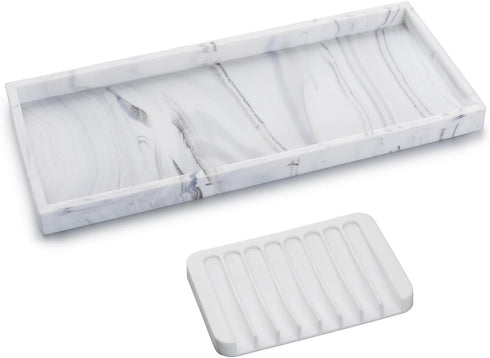 Bloss Silicone Bathroom Tray with Soap Holder - 7.9" Marble Vanity Tray for Bathroom Counter, Sponge Holder