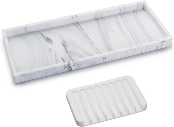 Bloss Silicone Bathroom Tray with Soap Holder - 7.9" Marble Vanity Tray for Bathroom Counter, Sponge Holder