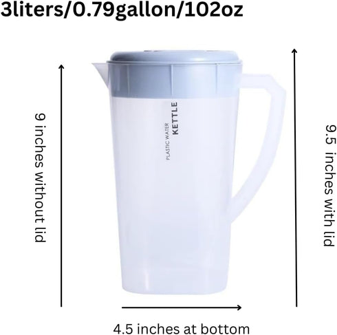 3 Litre Plastic Pitcher with Lid, BPA-FREE Eco-Friendly Juice Container for Hot/Cold Beverages, 102 oz Transparent