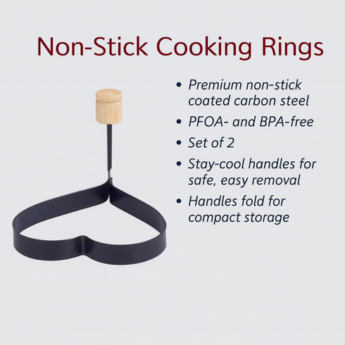 HIC Non-Stick Cooking Rings Set of 2, Heart Shaped, Nonstick, PFOA & BPA Free, 4.625" x 4.25"