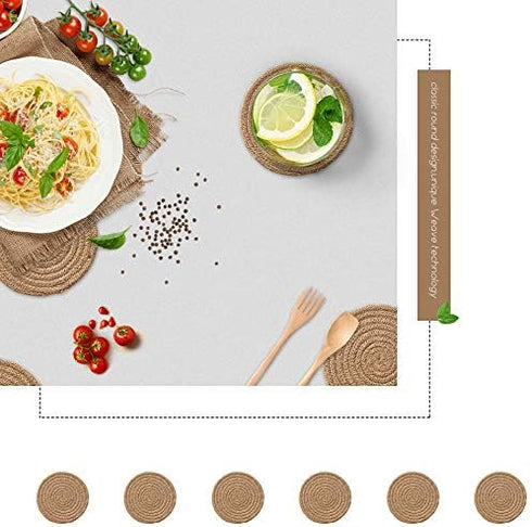 Gracelife 6pcs Cup Mat Set, Pure Cotton Thread Weave Round Drink Hot Pads, Absorbent Coasters (Jute color)