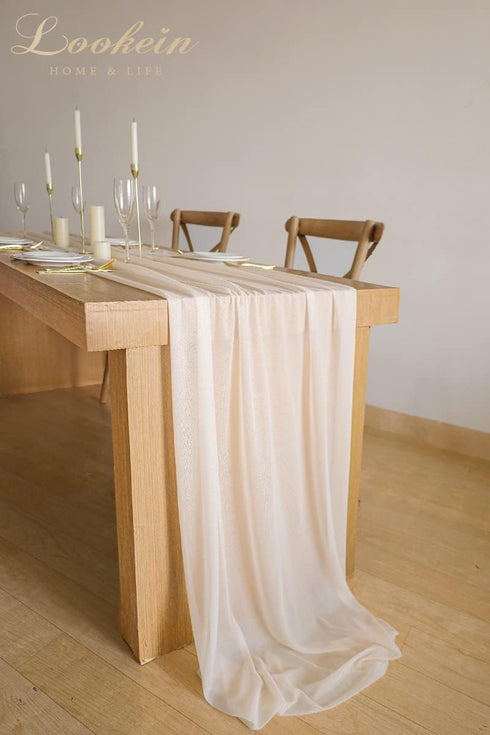 Lookein 10 Feet Champagne Chiffon Table Runner, 29x120 Inches Rustic Wedding Decorations