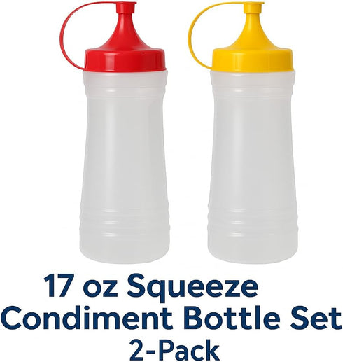 17 oz Set 2-Pack Squeeze Condiment Bottle Mustard & Ketchup Dispensers by Dependable Industries Snap Top, BPA-Free
