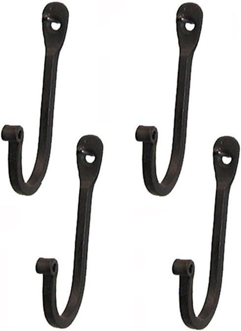 Early American Single Prong Wrought Iron Hooks, Set of 4, Rustic Curved Metal Fasteners