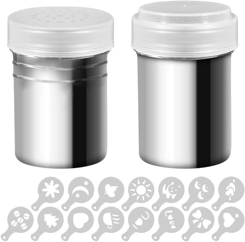 2 Pcs Stainless Steel Dredges and Powdered Shaker - 16 pcs Printing Molds Stencils for Kitchen Baking