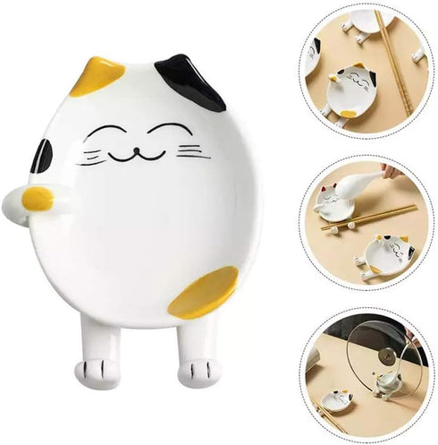 Ceramic Spoon Rest for Kitchen, Cute Cat Shape Utensil Holder, Ladle Rest for Kitchen Counter & Stove Top - Yellow