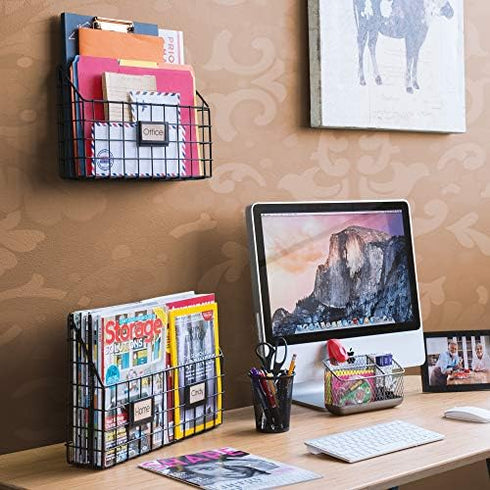 Wall35 Metal Rivista File Holder, Wall Mounted Wide Chicken Wire Mail and Magazine Organizer for Home Office, Black