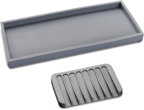 Bloss Silicone Tray Set - 15.7" Bathroom Soap Dispenser Tray and Holder, Countertop Organizer for Jewelry, Candle,