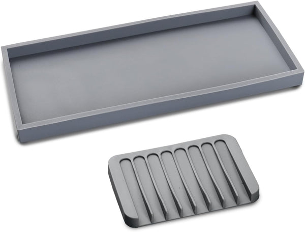 Bloss Silicone Tray Set - 15.7" Bathroom Soap Dispenser Tray and Holder, Countertop Organizer for Jewelry, Candle,