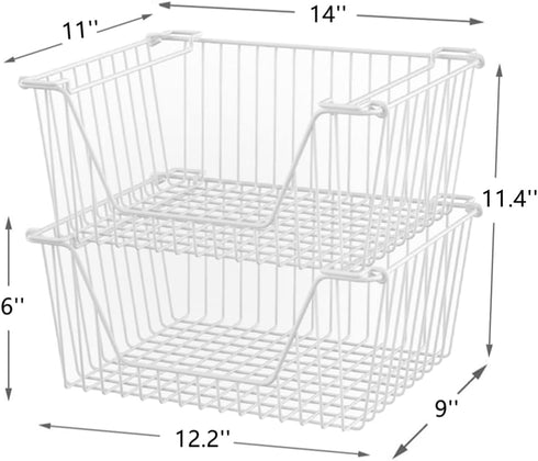 Slideep 14'' Large Stackable Storage Baskets - Sturdy Metal Wire Pantry Organizer, 2 Pack, White