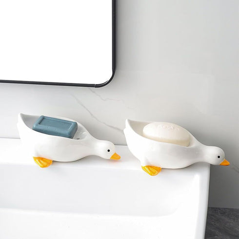 Fewile 1 Pack Shower,Bathroom,Bar,Kitchen,Counter Duck Ceramic Soap Dishes,Soap Holder with Drain,Soap Dish