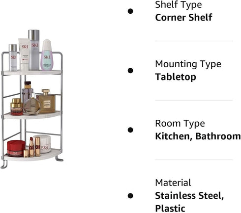 3-Tier Countertop Corner Spice Rack Kitchen Bathroom Organizer Vanity Tray Cosmetic Makeup Storage Standing Shelf