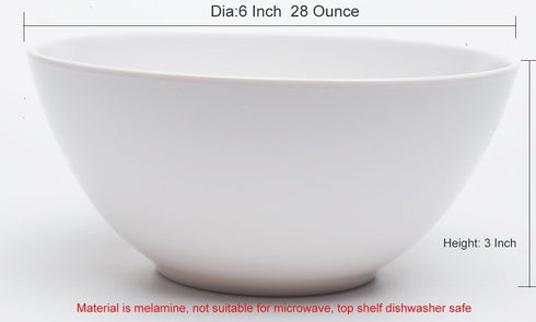 Melamine Cereal Bowls Set of 6, 28oz White Unbreakable Soup Bowls, Dishwasher Safe for Kitchen