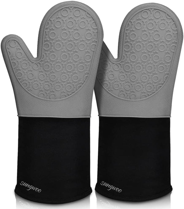 sungwoo Extra Long Silicone Oven Mitts, Heat Resistant Gloves, Non-Slip Textured Grip, 14.6 Inch Grey & Black