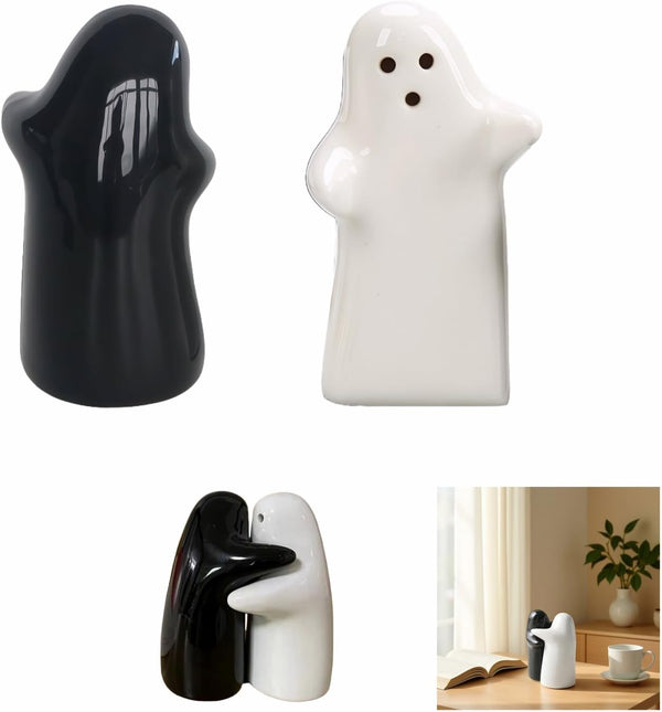 RyanDesign Salt and Pepper Shakers, Ceramic Ghost Design, Black and White Hugging Couple,