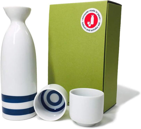 Janome Mino-Yaki Sake Set, Traditional Japanese Ware, 8 oz Bottle & 2 Cups, Tokkuri & Ochoko