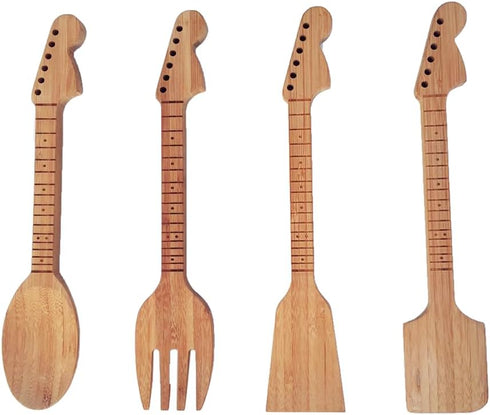 Bamboo Guitar Neck Shaped Kitchen Cooking Utensil Set - Set of 4: Spoon, Spatulas, Salad Fork, Musician Gifts