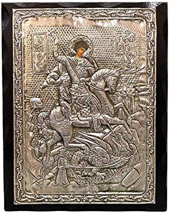Handmade Greek Christian Orthodox Wood-Metallic Icon of Saint George - 24 X 19cm Solid Wood